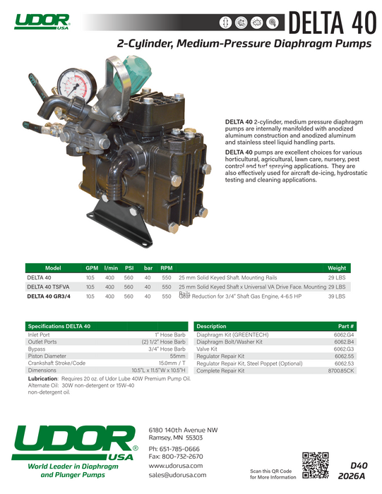 Udor DELTA-40/GR Diaphragm Pump with Gear Reduction – 10.5 GPM, 560 PSI