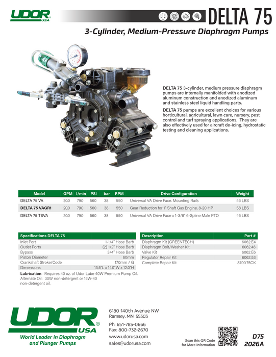 Udor DELTA-75/GR Diaphragm Pump with Gear Reduction – 20 GPM, 560 PSI