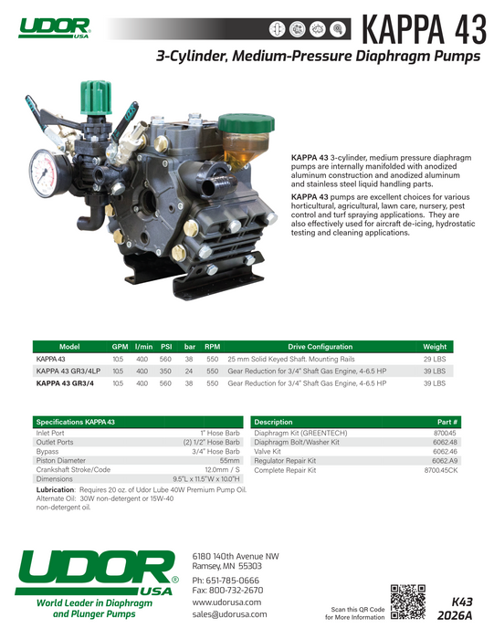 Udor KAPPA-43/GR HP Diaphragm Pump with Gear Reduction – 10.5 GPM, 560 PSI