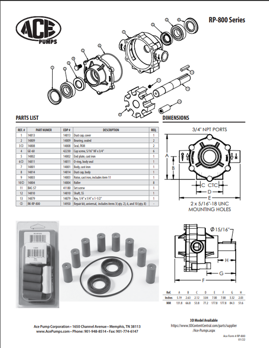 Ace 800C Roller Pump Rebuild Kit