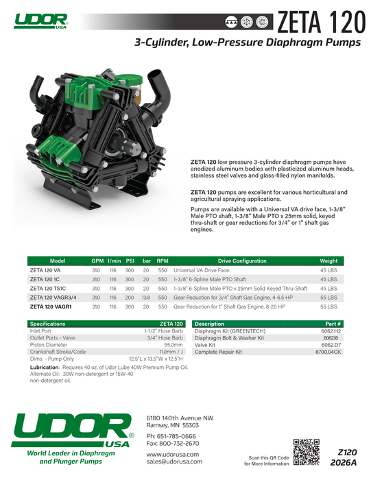 Udor ZETA-120/GR Diaphragm Pump with Gear Reduction – 31 GPM, 300 PSI, 1" Shaft