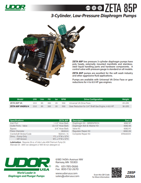 Udor ZETA-85P Poly Diaphragm Pump – 22 GPM, 300 PSI